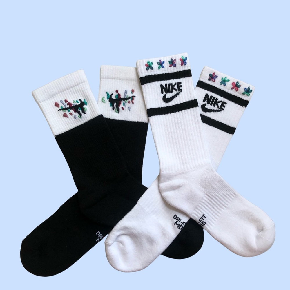One of a kind custom hand stitched Nike socks